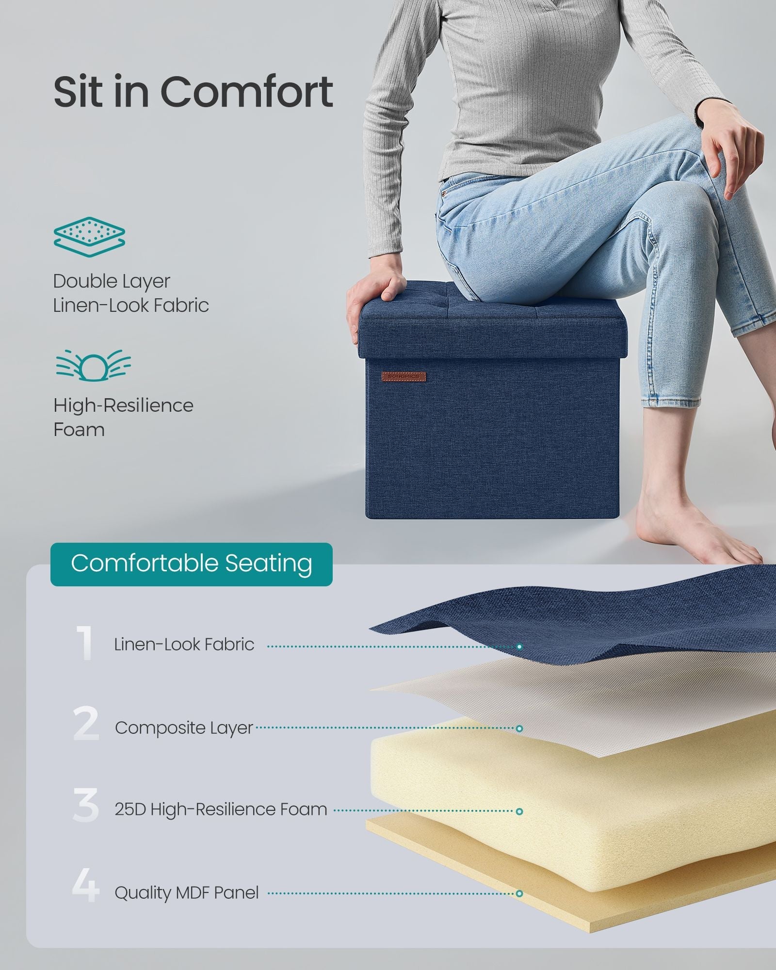 Small Foldable Storage Ottoman – Denim Blue – 31 x 41 cm – Multi-functional Foot Stool with 130 kg Capacity
