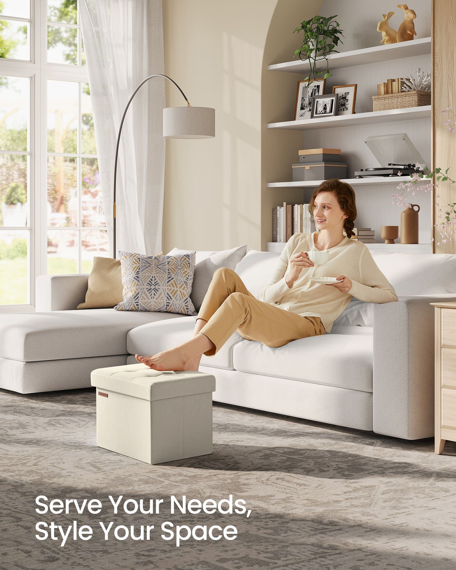 Small Foldable Storage Ottoman – Fabric – Cream White – Lightweight and Space-Saving Design