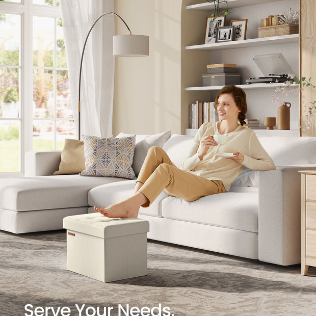 Small Foldable Storage Ottoman – Fabric – Cream White – Lightweight and Space-Saving Design