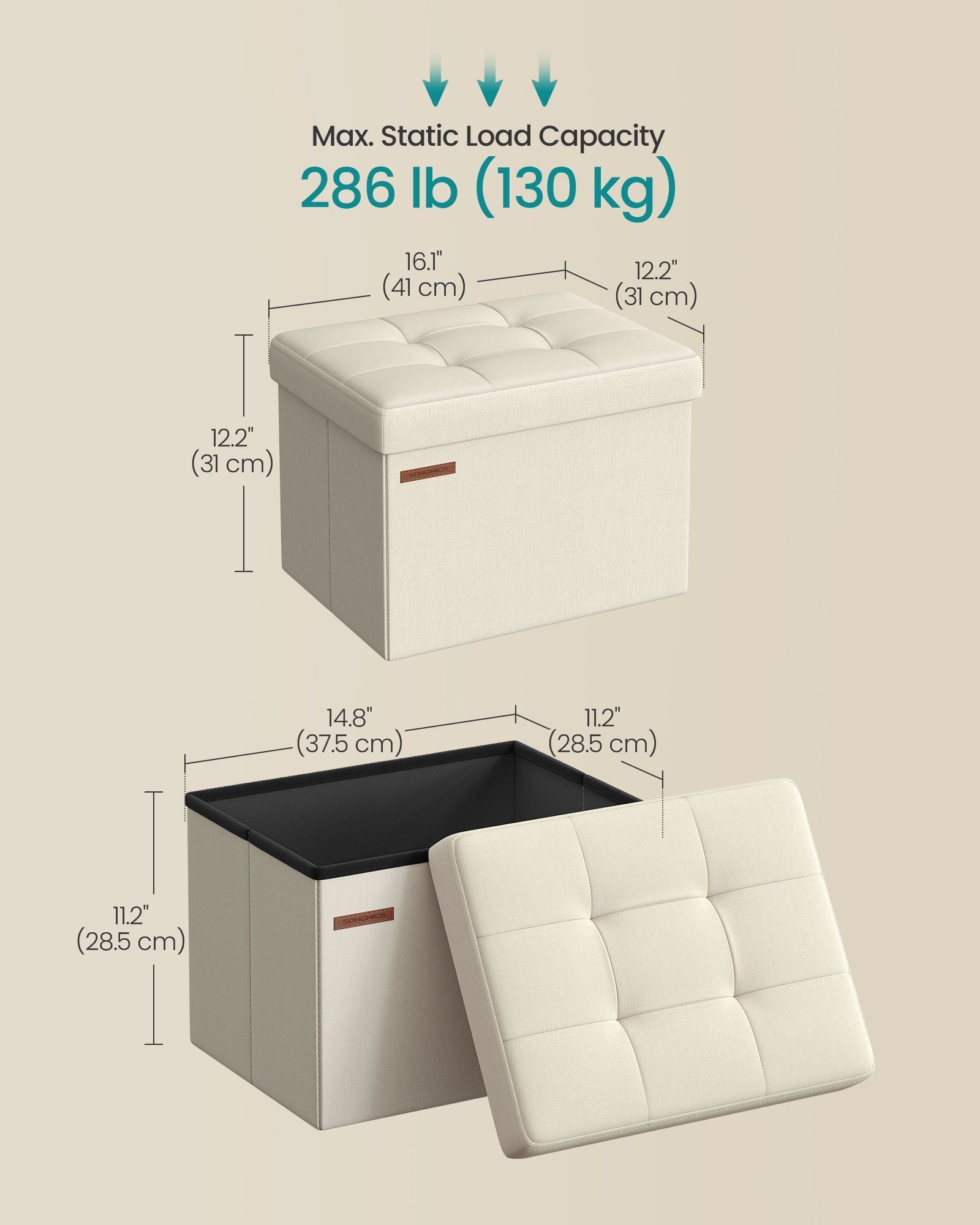 Small Foldable Storage Ottoman – Fabric – Cream White – Lightweight and Space-Saving Design
