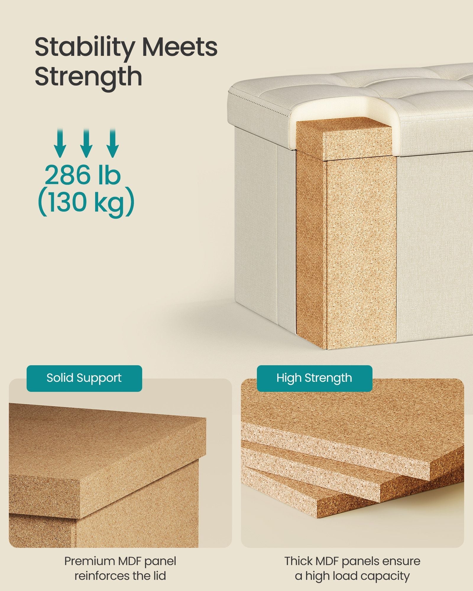Small Foldable Storage Ottoman – Fabric – Cream White – Lightweight and Space-Saving Design