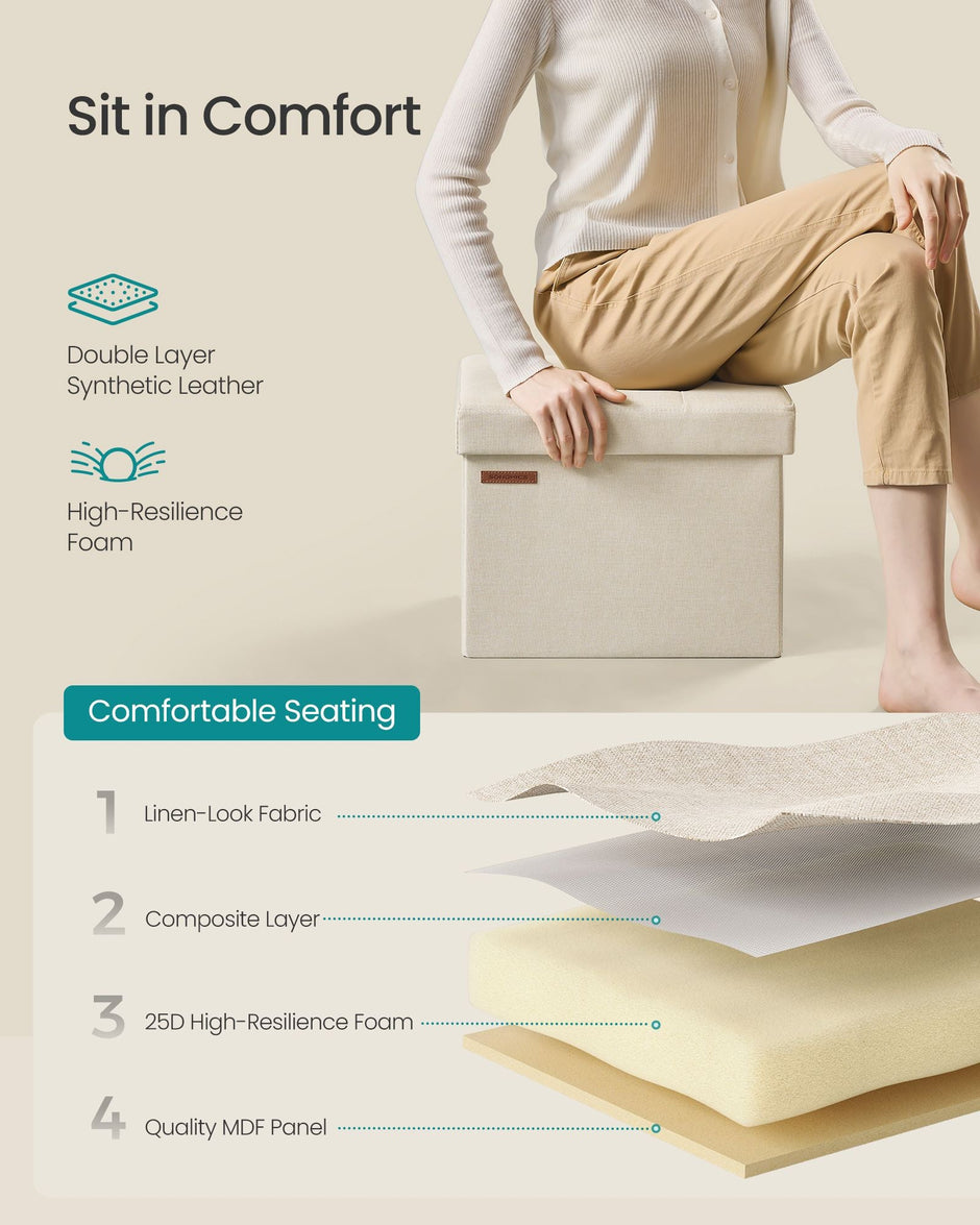 Small Foldable Storage Ottoman – Fabric – Cream White – Lightweight and Space-Saving Design