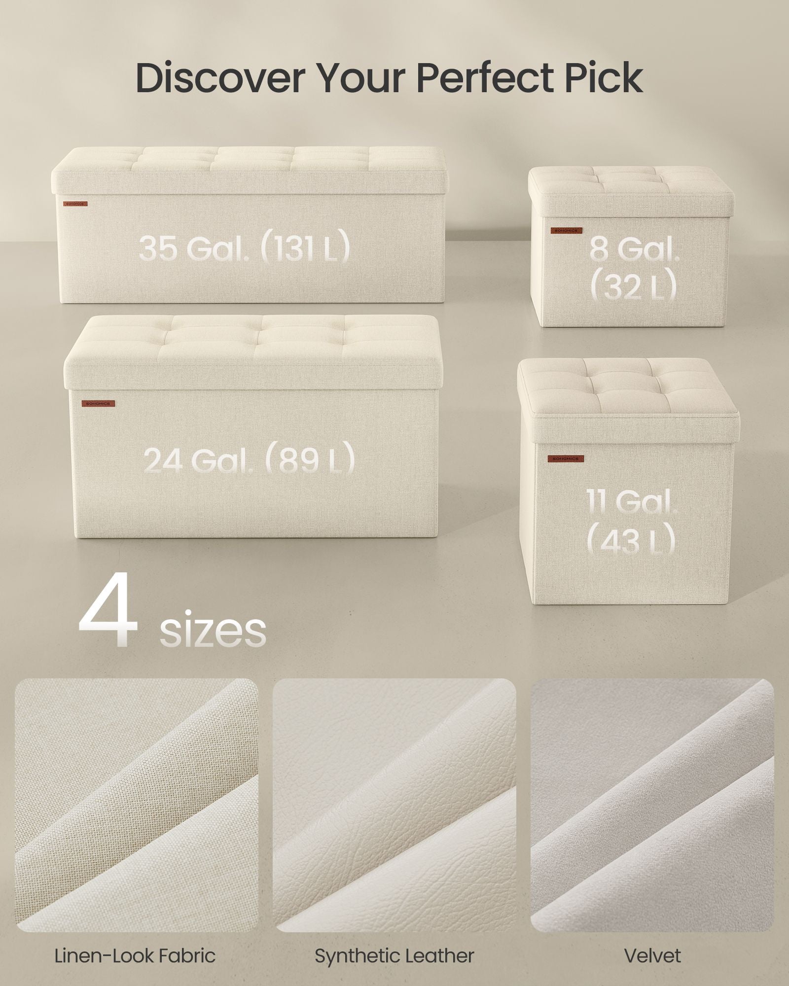 Small Foldable Storage Ottoman – Fabric – Cream White – Lightweight and Space-Saving Design