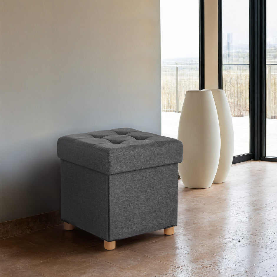 Collapsible Storage Ottoman – Fabric – Dark Grey – Multifunctional Foot Stool with Wooden Feet