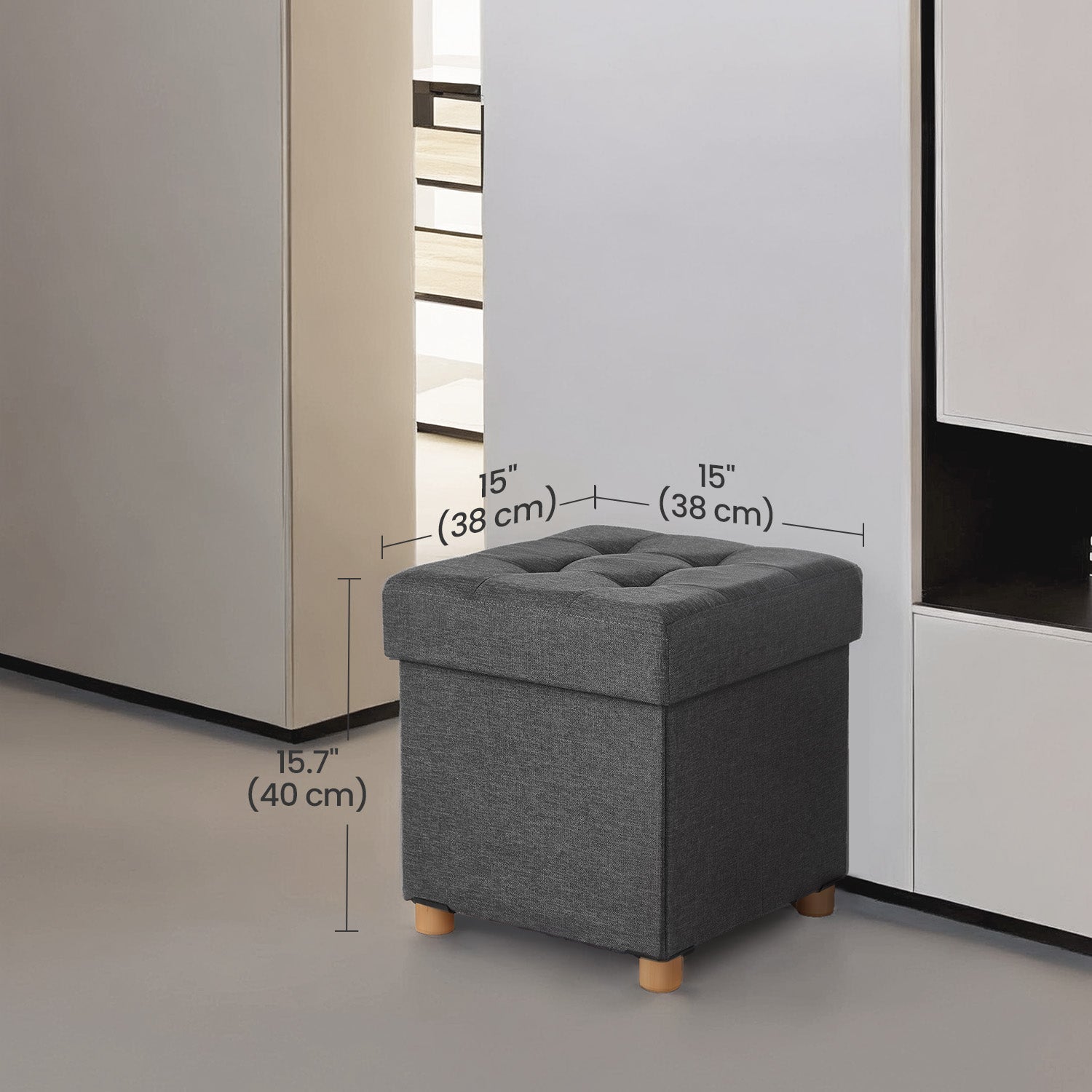 Collapsible Storage Ottoman – Fabric – Dark Grey – Multifunctional Foot Stool with Wooden Feet