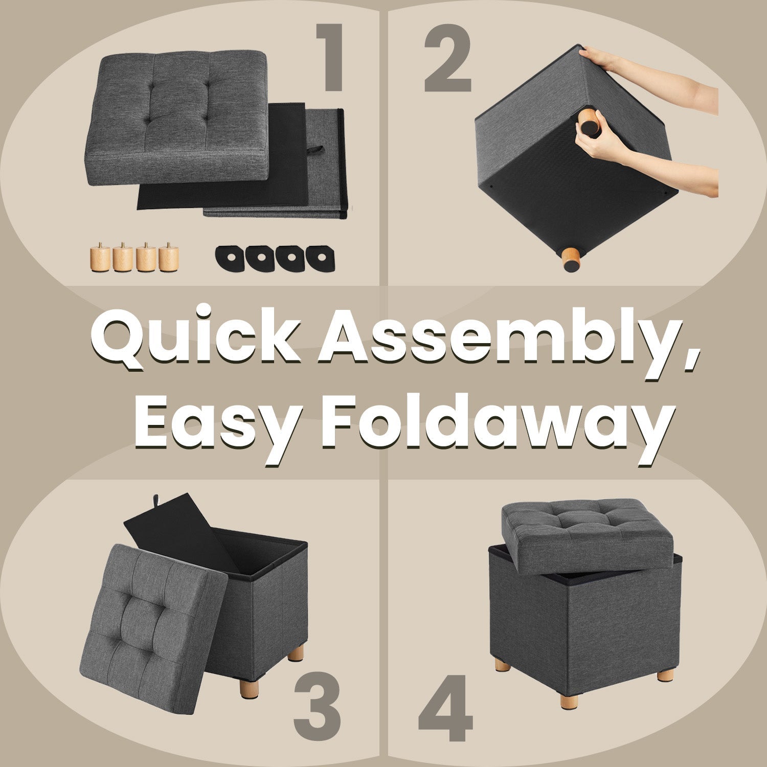 Collapsible Storage Ottoman – Fabric – Dark Grey – Multifunctional Foot Stool with Wooden Feet
