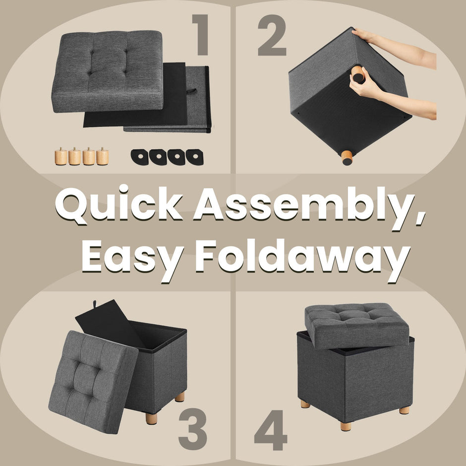 Collapsible Storage Ottoman – Fabric – Dark Grey – Multifunctional Foot Stool with Wooden Feet