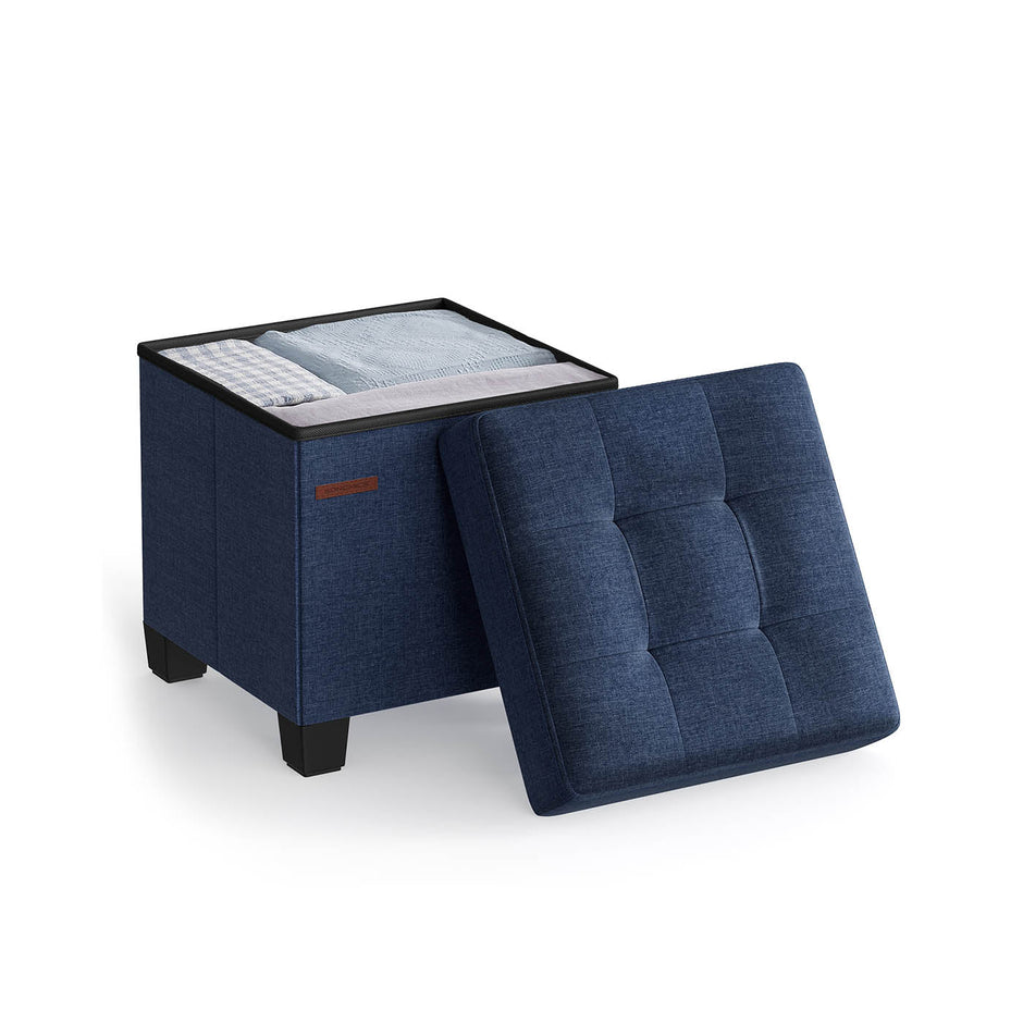 Foldable Storage Ottoman – Fabric – Midnight Blue – Compact Foot Rest with Storage