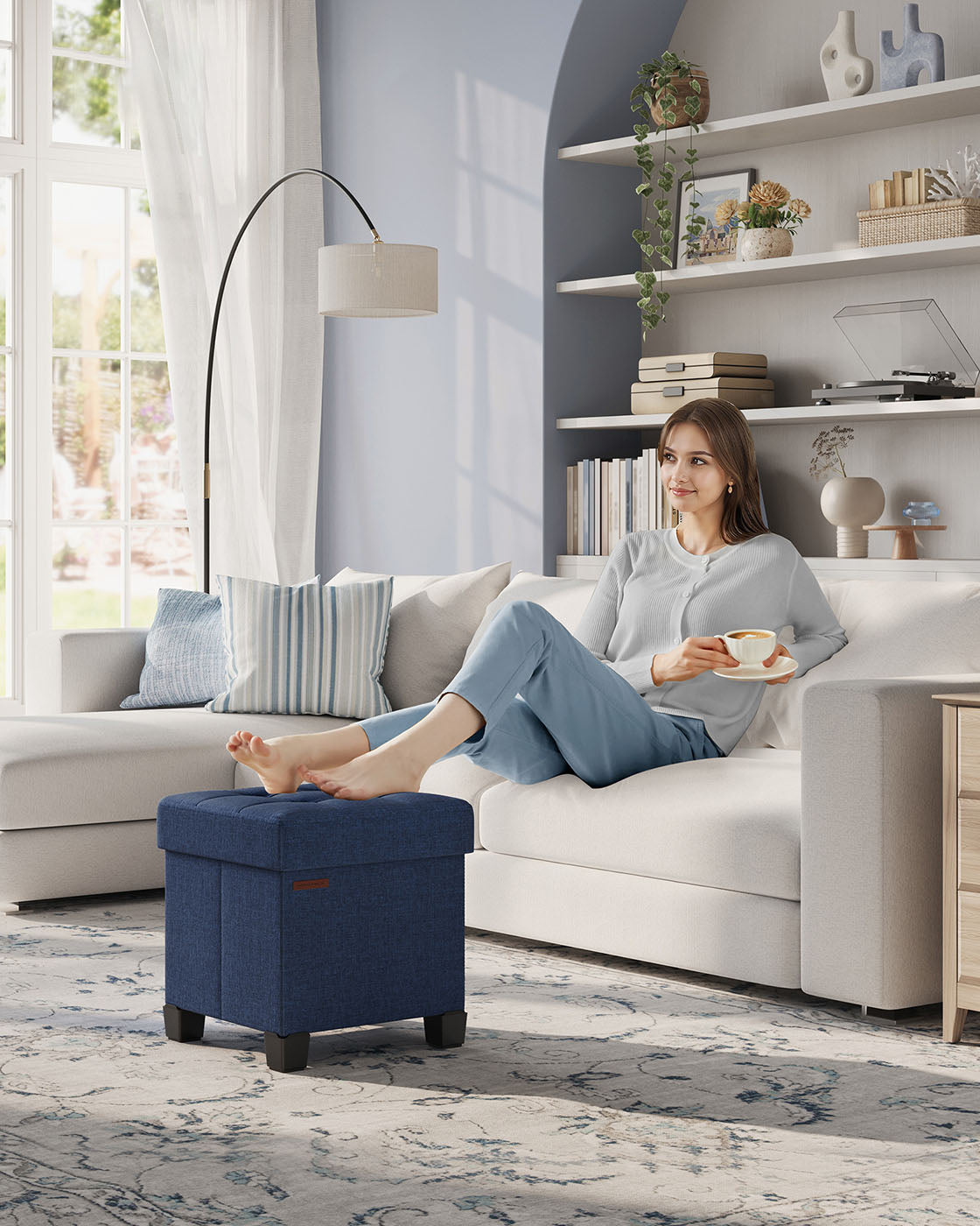 Foldable Storage Ottoman – Fabric – Midnight Blue – Compact Foot Rest with Storage