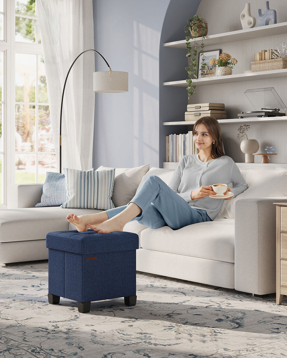 Foldable Storage Ottoman – Fabric – Midnight Blue – Compact Foot Rest with Storage