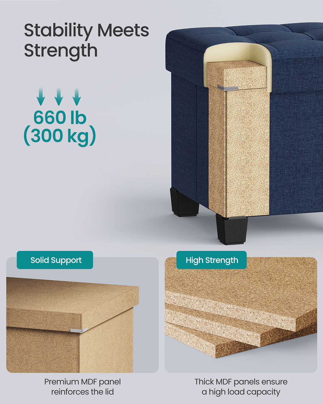Foldable Storage Ottoman – Fabric – Midnight Blue – Compact Foot Rest with Storage