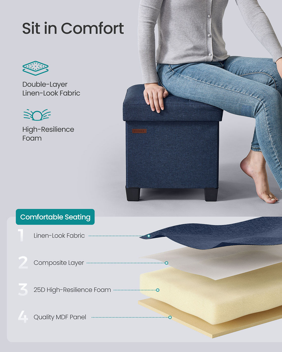 Foldable Storage Ottoman – Fabric – Midnight Blue – Compact Foot Rest with Storage