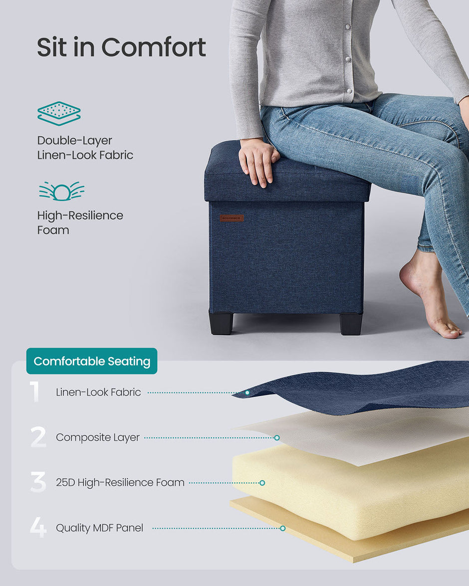 Foldable Storage Ottoman – Fabric – Midnight Blue – Compact Foot Rest with Storage