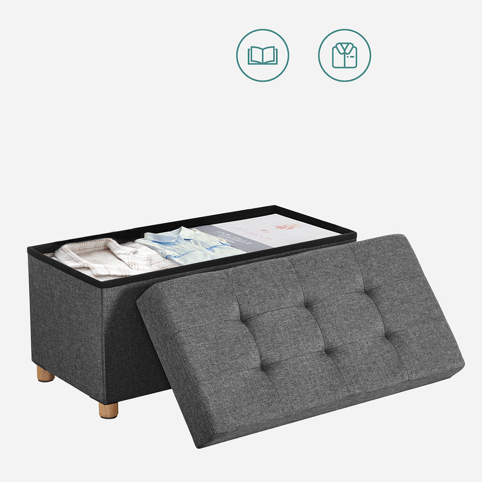 Storage Ottoman – Fabric – Dark Grey – Padded, Foldable with Solid Wood Feet and 65L Capacity