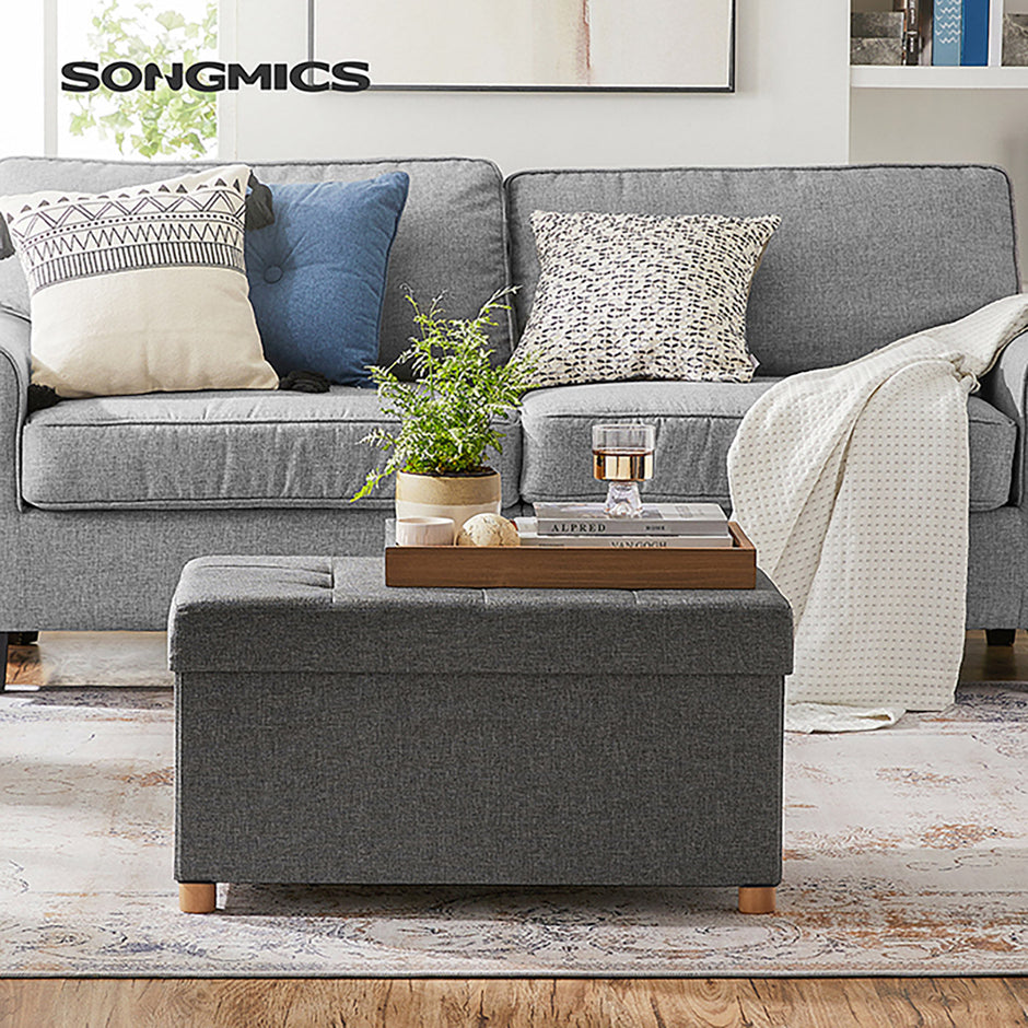 Storage Ottoman – Fabric – Dark Grey – Padded, Foldable with Solid Wood Feet and 65L Capacity