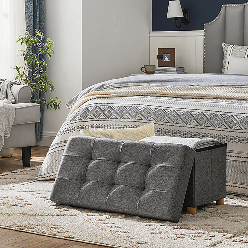 Storage Ottoman – Fabric – Dark Grey – Padded, Foldable with Solid Wood Feet and 65L Capacity