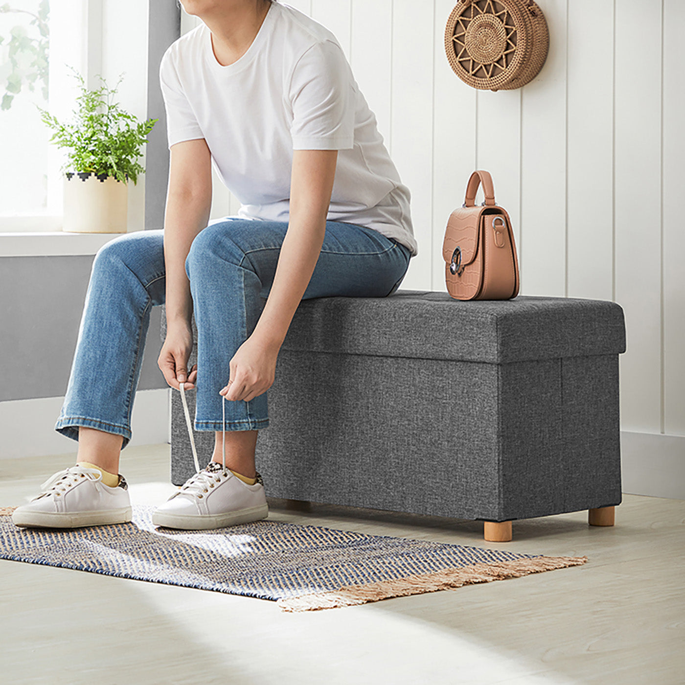 Storage Ottoman – Fabric – Dark Grey – Padded, Foldable with Solid Wood Feet and 65L Capacity