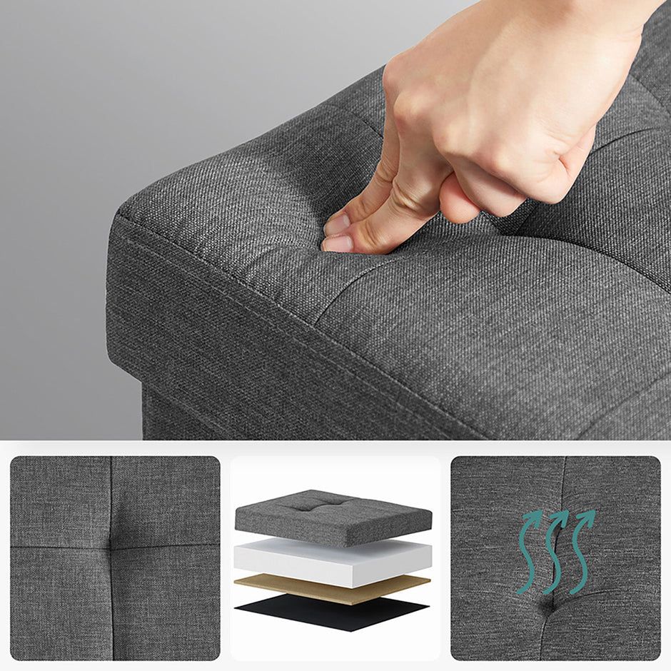 Storage Ottoman – Fabric – Dark Grey – Padded, Foldable with Solid Wood Feet and 65L Capacity