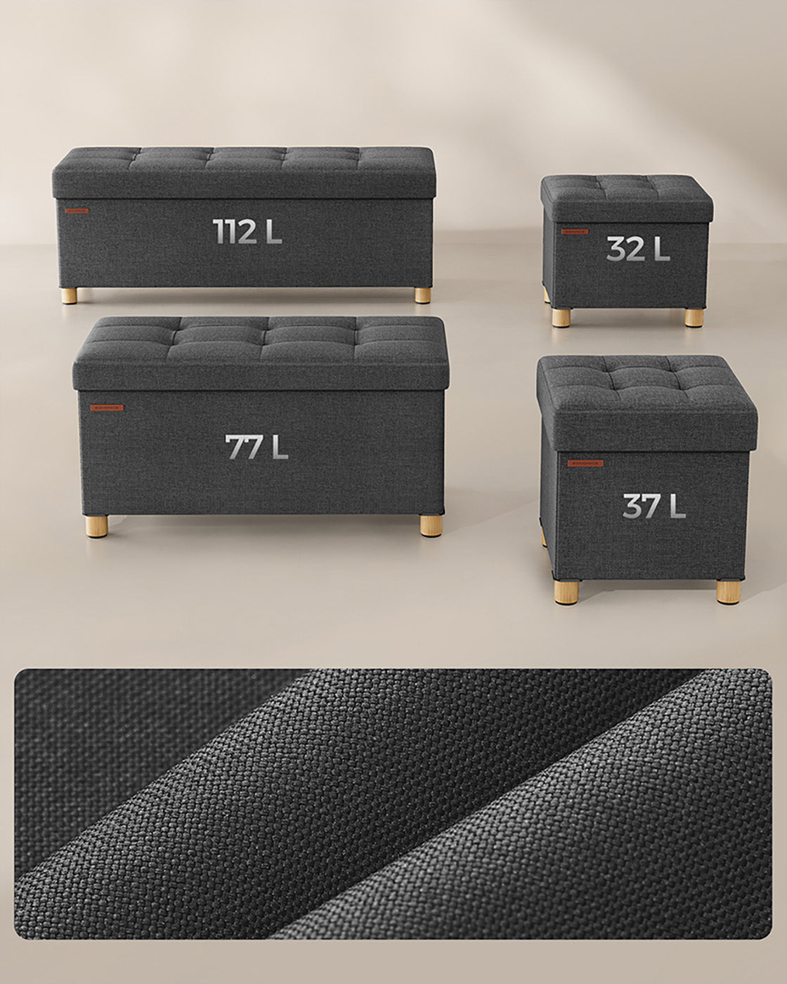 Storage Ottoman – Fabric – Dark Grey – Padded, Foldable with Solid Wood Feet and 65L Capacity