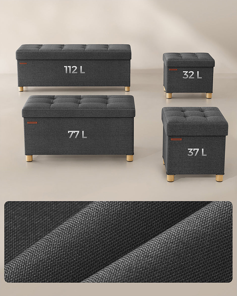 Storage Ottoman – Fabric – Dark Grey – Padded, Foldable with Solid Wood Feet and 65L Capacity