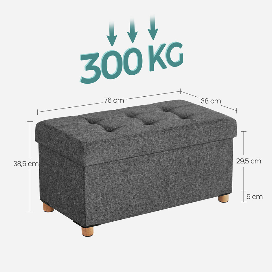 Storage Ottoman – Fabric – Dark Grey – Padded, Foldable with Solid Wood Feet and 65L Capacity