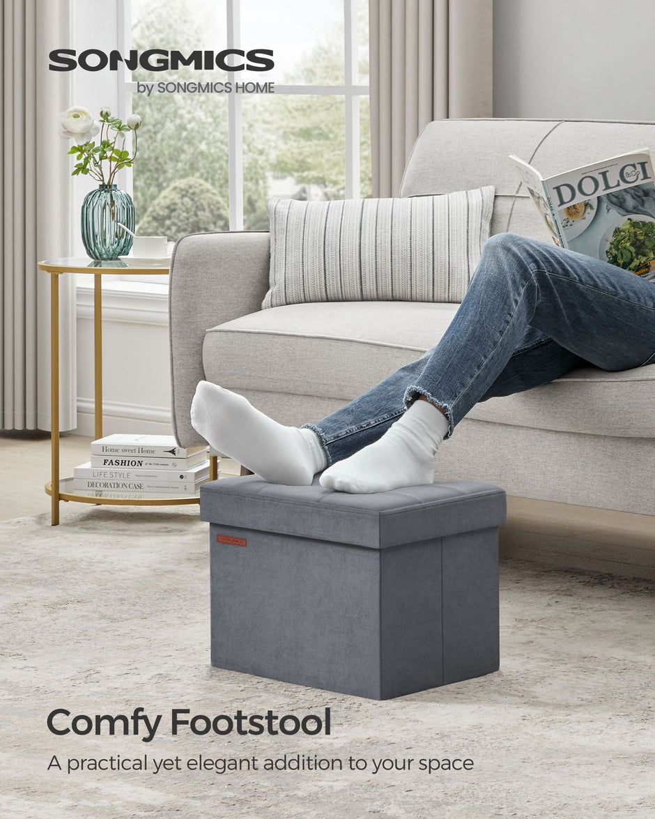 Foldable Storage Ottoman Bench – Velvet – Slate Grey – Versatile Footstool and Storage Chest