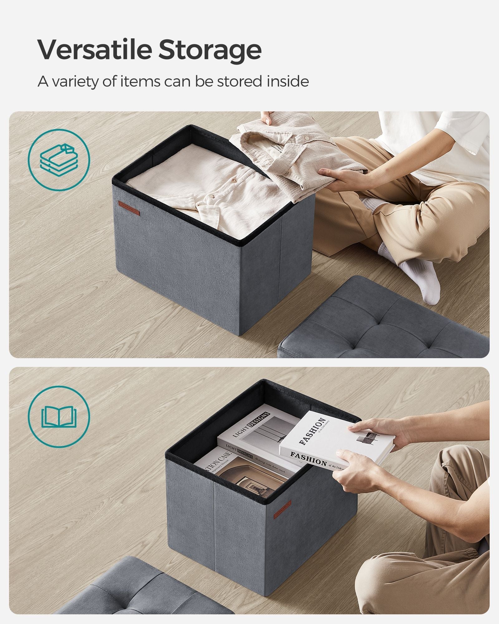 Foldable Storage Ottoman Bench – Velvet – Slate Grey – Versatile Footstool and Storage Chest