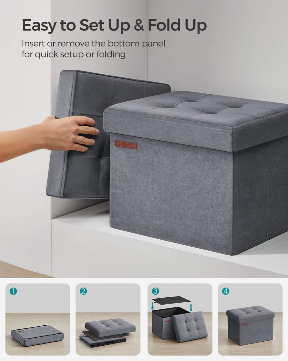 Foldable Storage Ottoman Bench – Velvet – Slate Grey – Versatile Footstool and Storage Chest