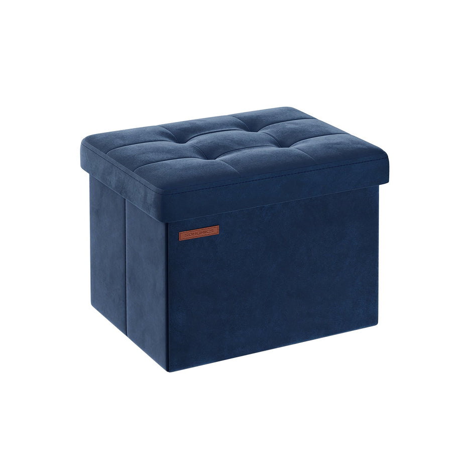 Foldable Ottoman Storage Bench – Velvet – Midnight Blue – Multi-Functional Footstool with Lid