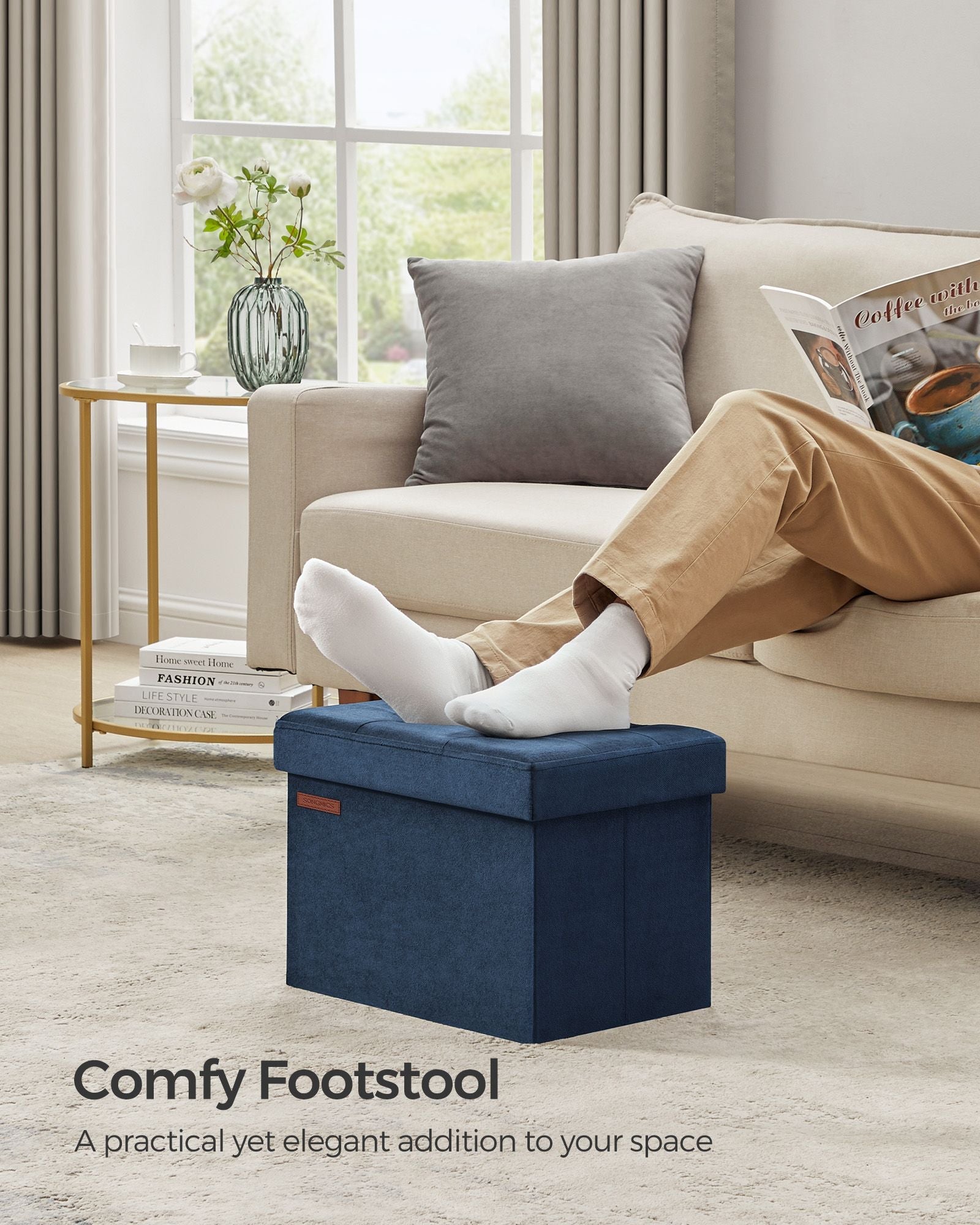 Foldable Ottoman Storage Bench – Velvet – Midnight Blue – Multi-Functional Footstool with Lid