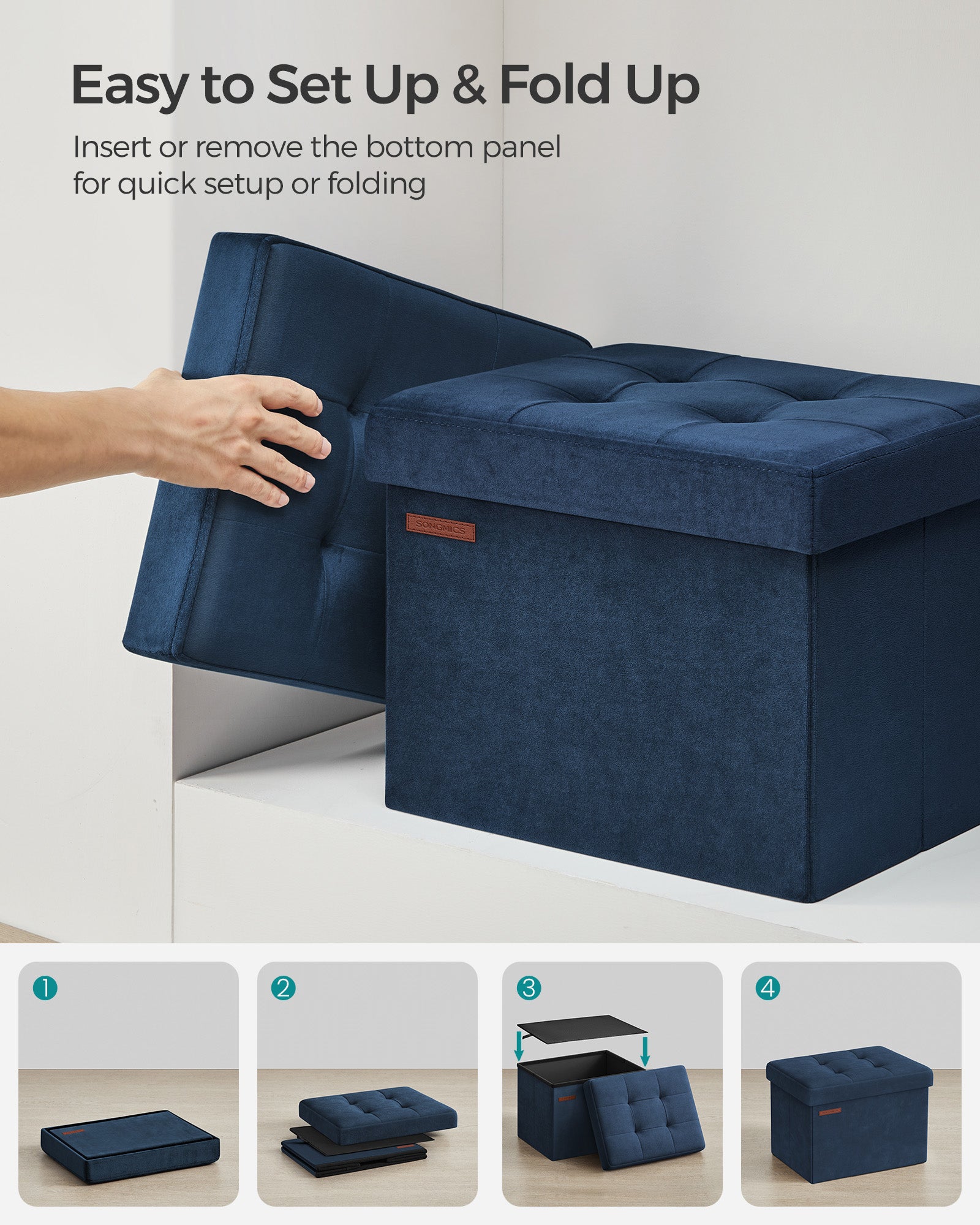 Foldable Ottoman Storage Bench – Velvet – Midnight Blue – Multi-Functional Footstool with Lid