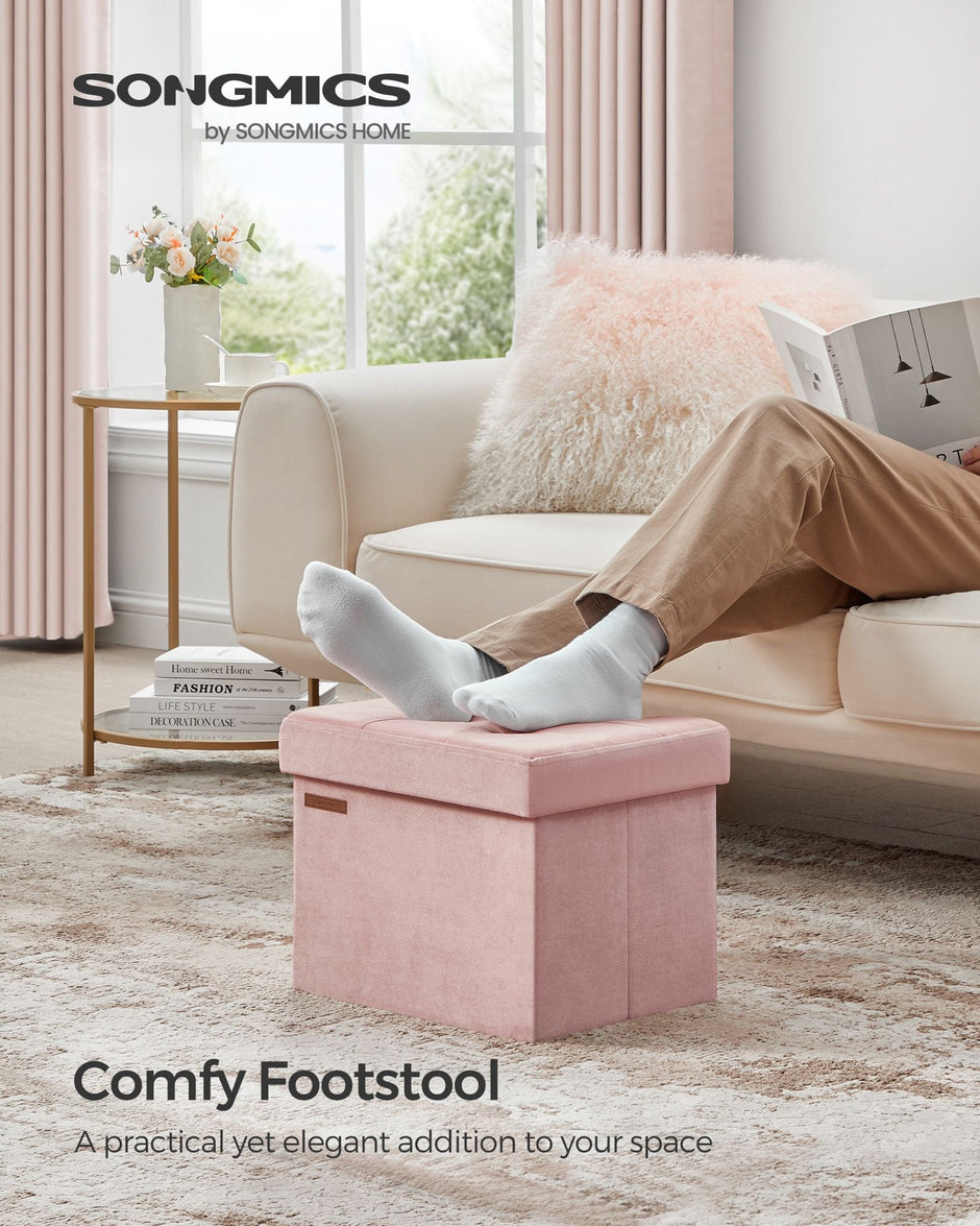 Foldable Storage Ottoman Bench – Velvet – Jelly Pink – Multi-Functional Storage and Footstool