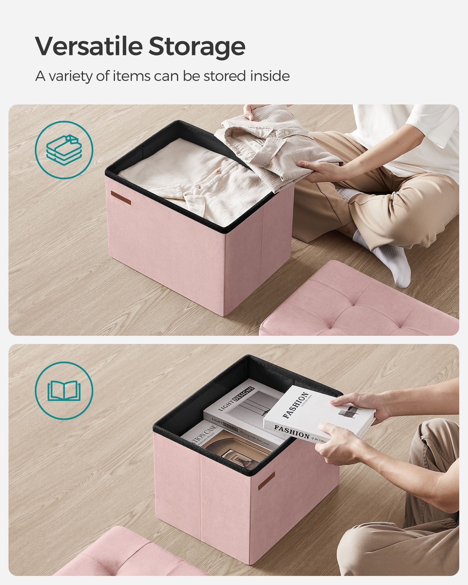 Foldable Storage Ottoman Bench – Velvet – Jelly Pink – Multi-Functional Storage and Footstool