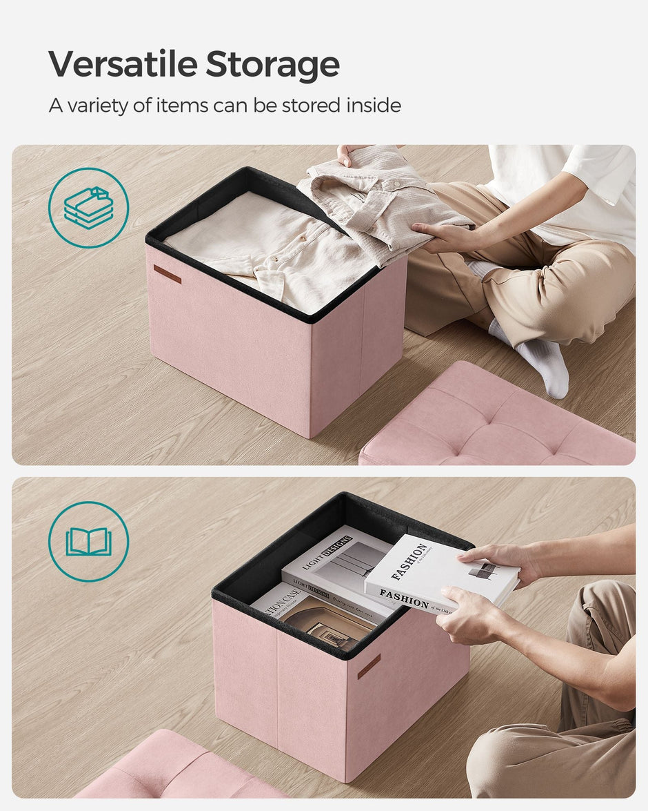 Foldable Storage Ottoman Bench – Velvet – Jelly Pink – Multi-Functional Storage and Footstool