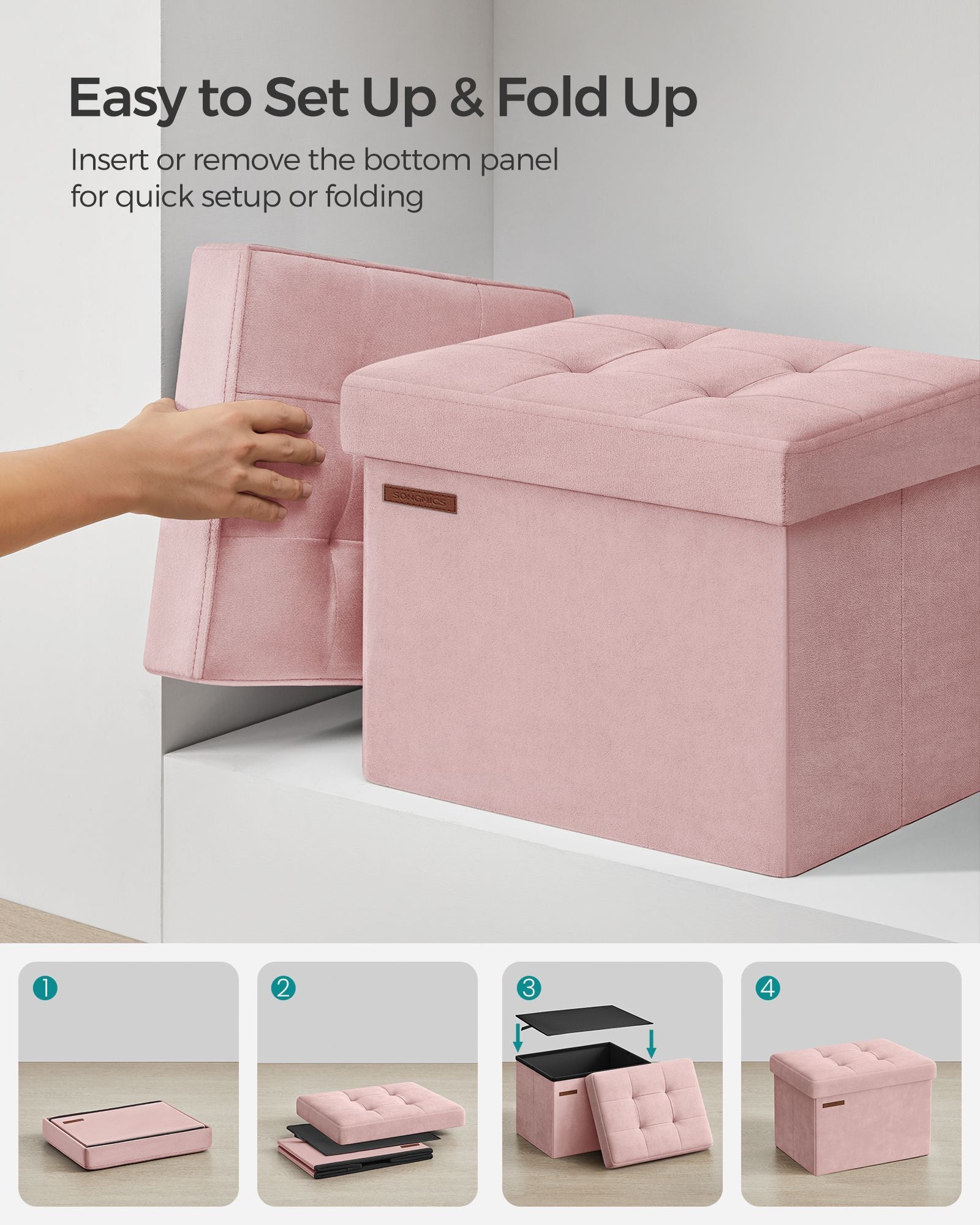 Foldable Storage Ottoman Bench – Velvet – Jelly Pink – Multi-Functional Storage and Footstool