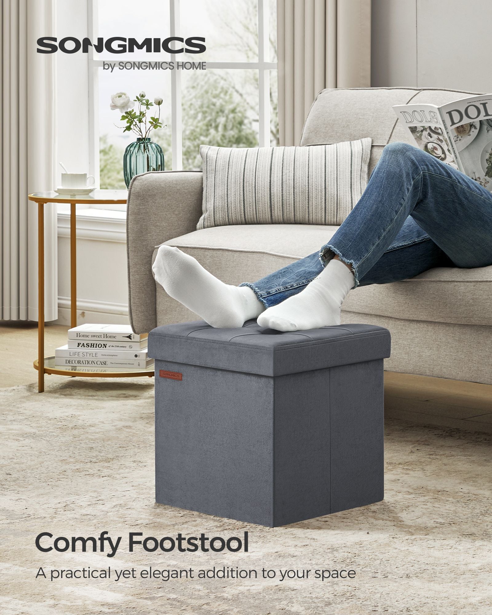 Foldable Storage Ottoman Bench – Velvet – Slate Grey – Versatile Footstool and Storage Chest