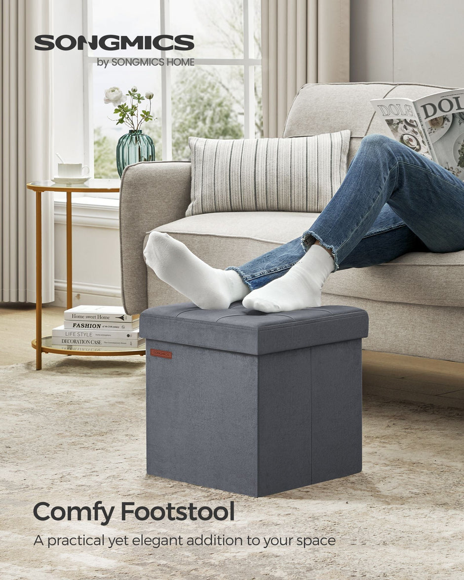 Foldable Storage Ottoman Bench – Velvet – Slate Grey – Versatile Footstool and Storage Chest