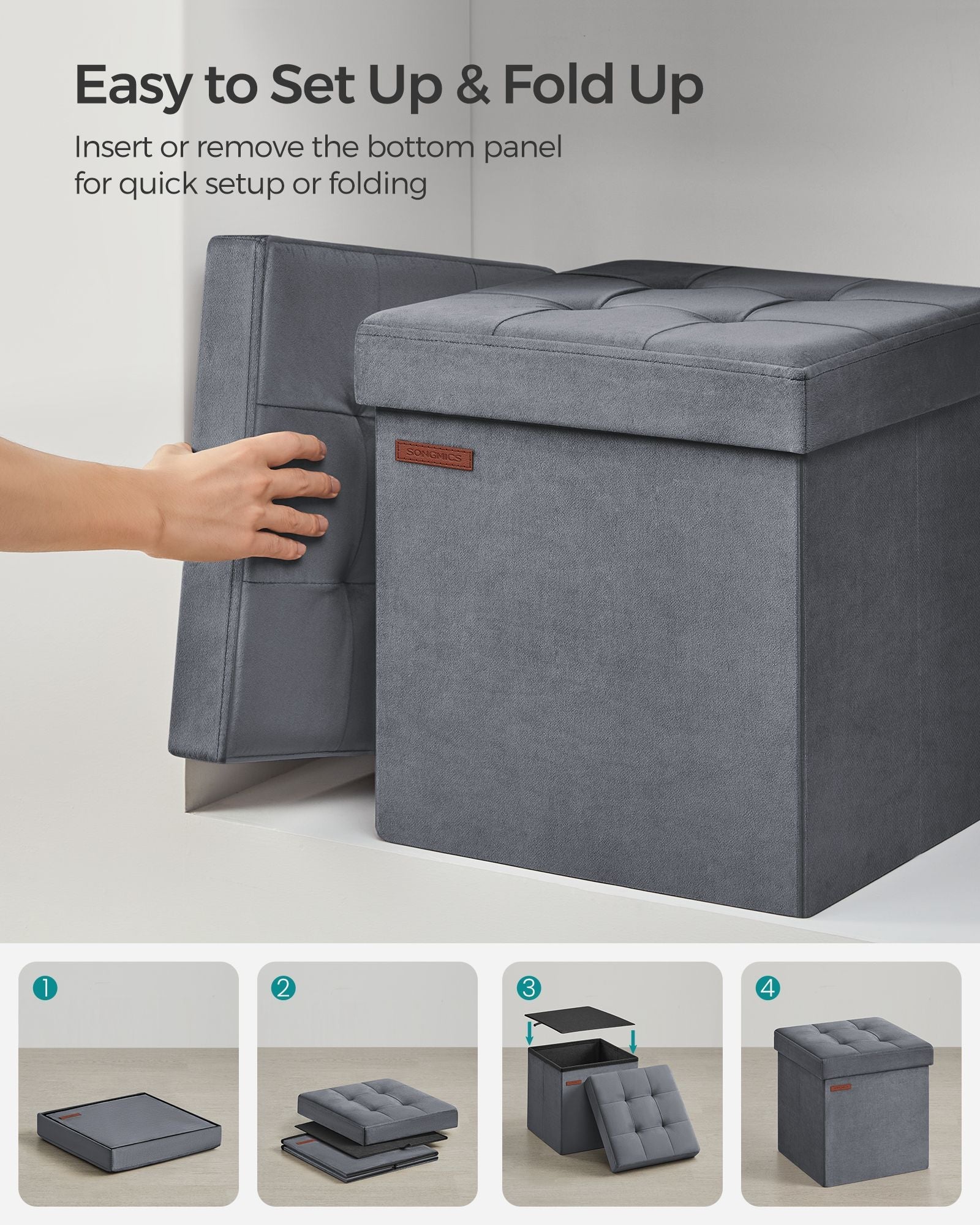 Foldable Storage Ottoman Bench – Velvet – Slate Grey – Versatile Footstool and Storage Chest