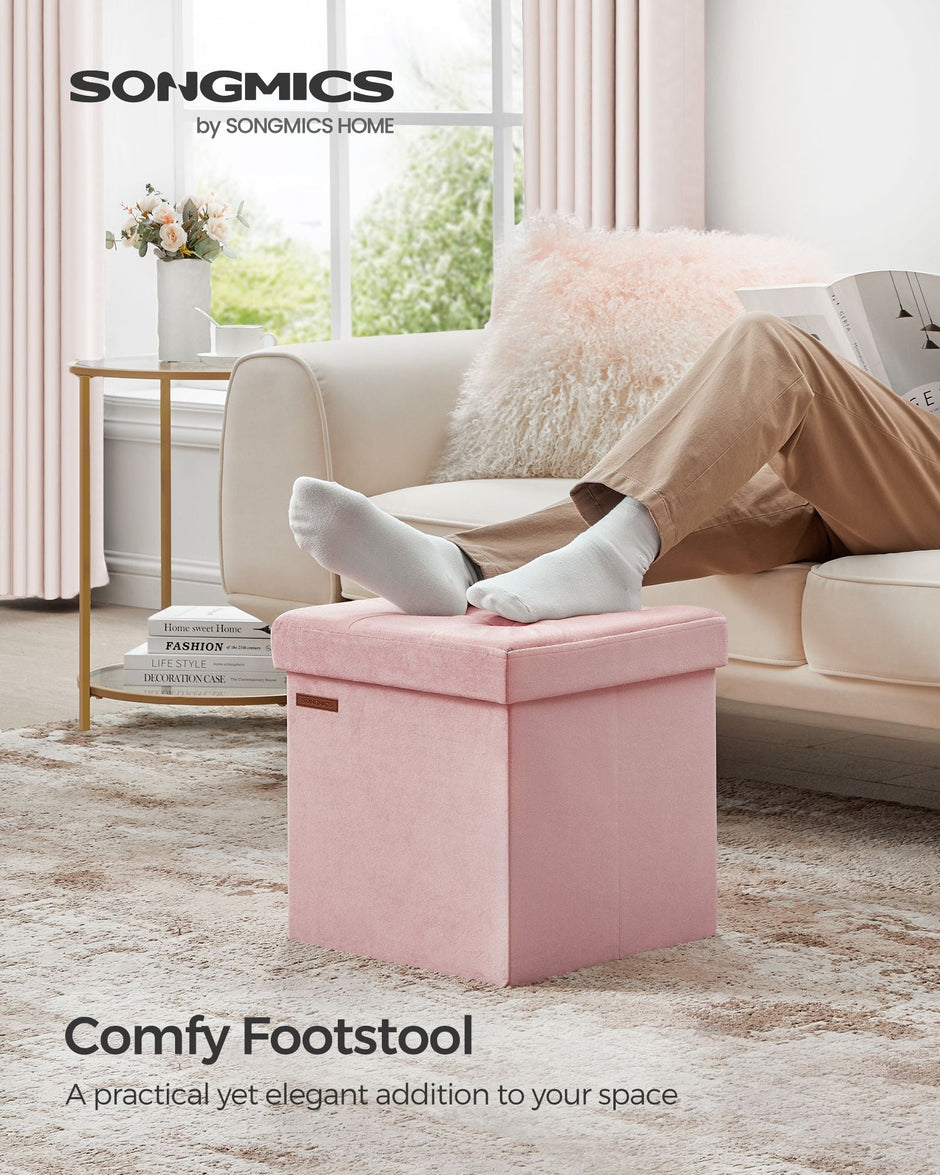 Storage Ottoman Bench – Velvet – Jelly Pink – Foldable Design with Lid
