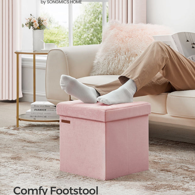 Storage Ottoman Bench – Velvet – Jelly Pink – Foldable Design with Lid