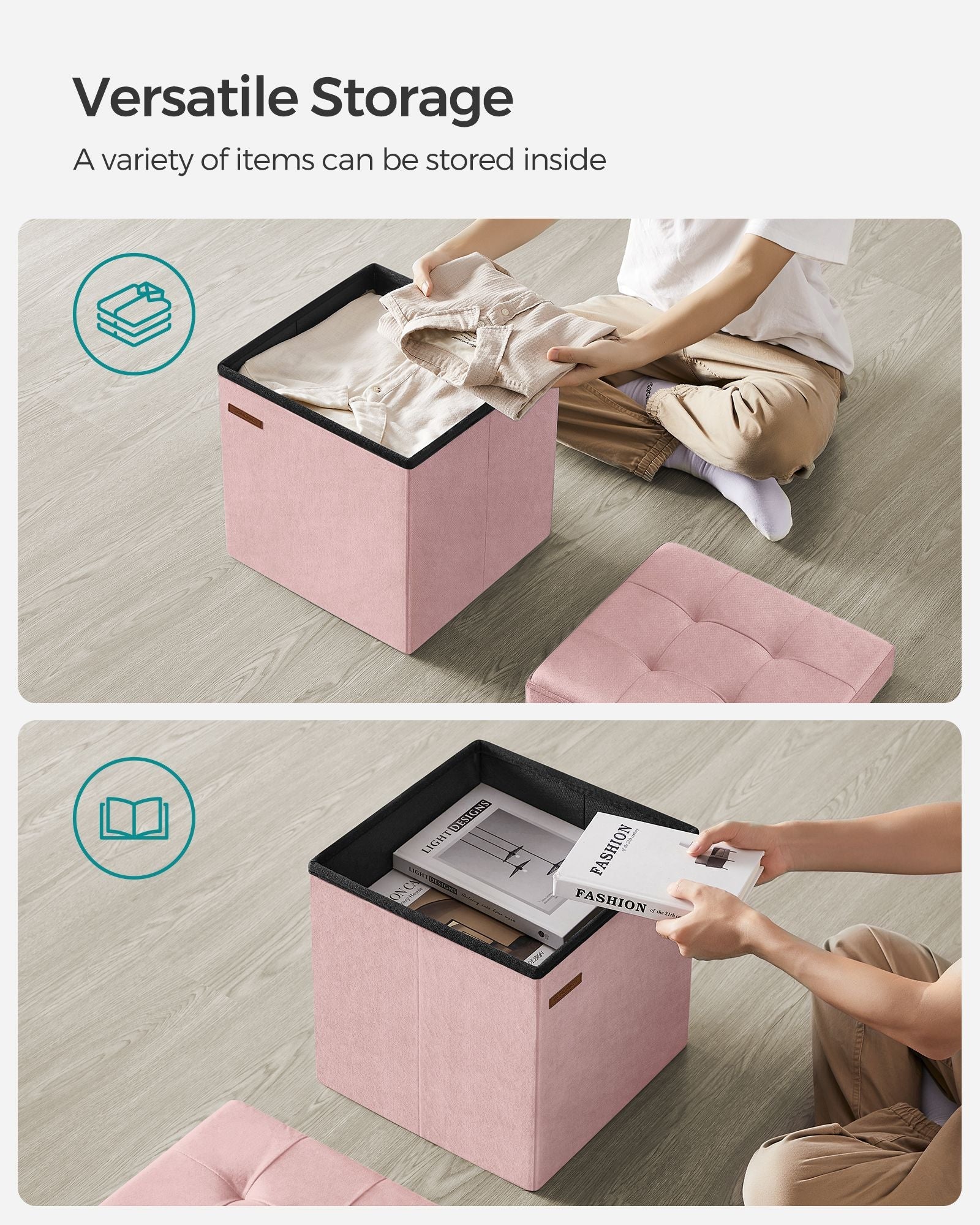 Storage Ottoman Bench – Velvet – Jelly Pink – Foldable Design with Lid