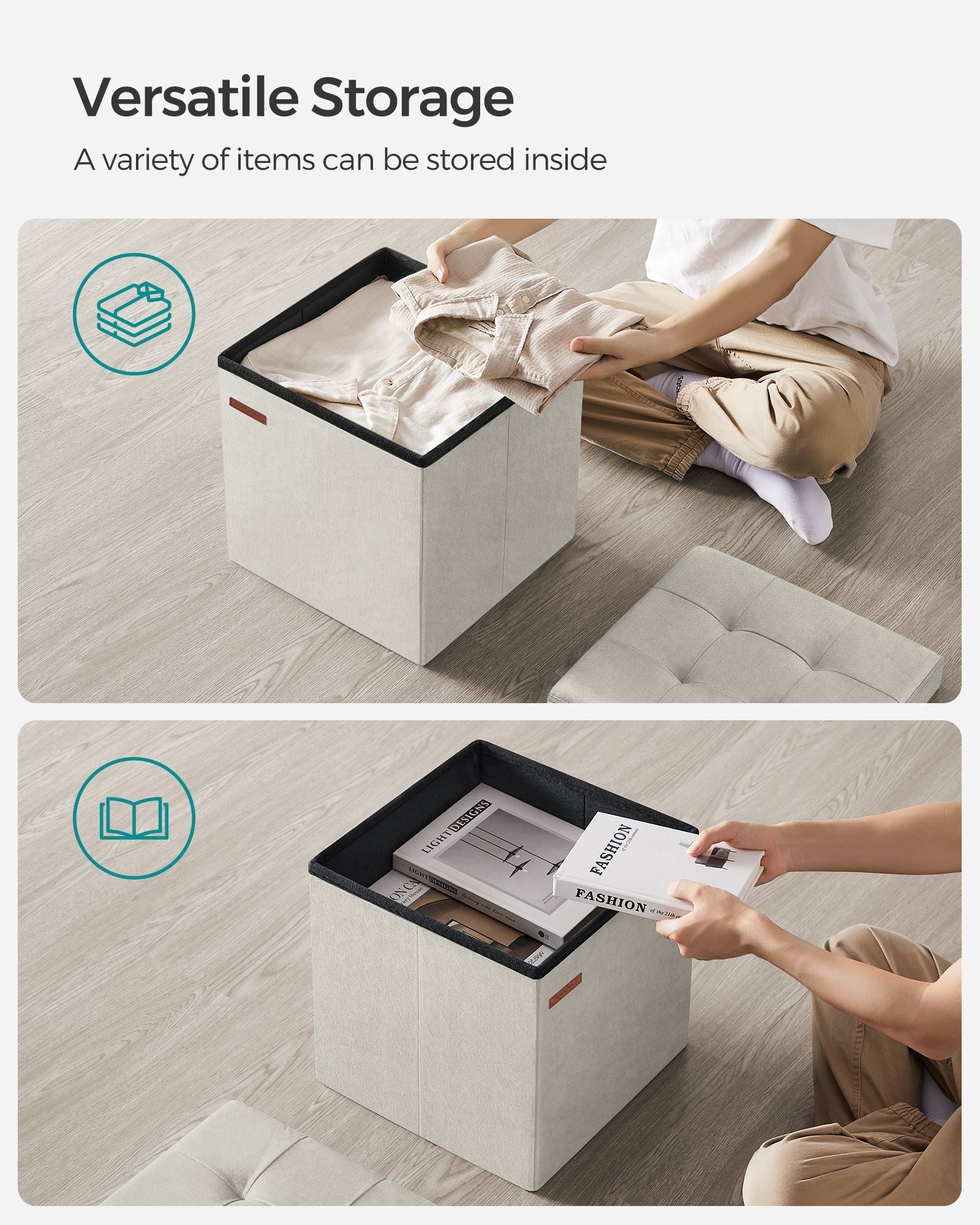 Foldable Storage Ottoman – Velvet – Cream White – Versatile Bench with Lid for Living Room, Hallway, Bedroom