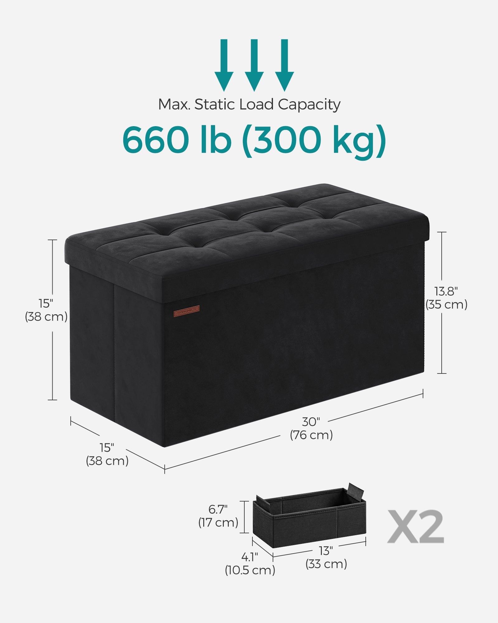 Foldable Velvet Storage Ottoman Bench – Ink Black – Includes 2 Extra Storage Boxes – 300 kg Load Capacity – Ideal for Hallway and Living Room
