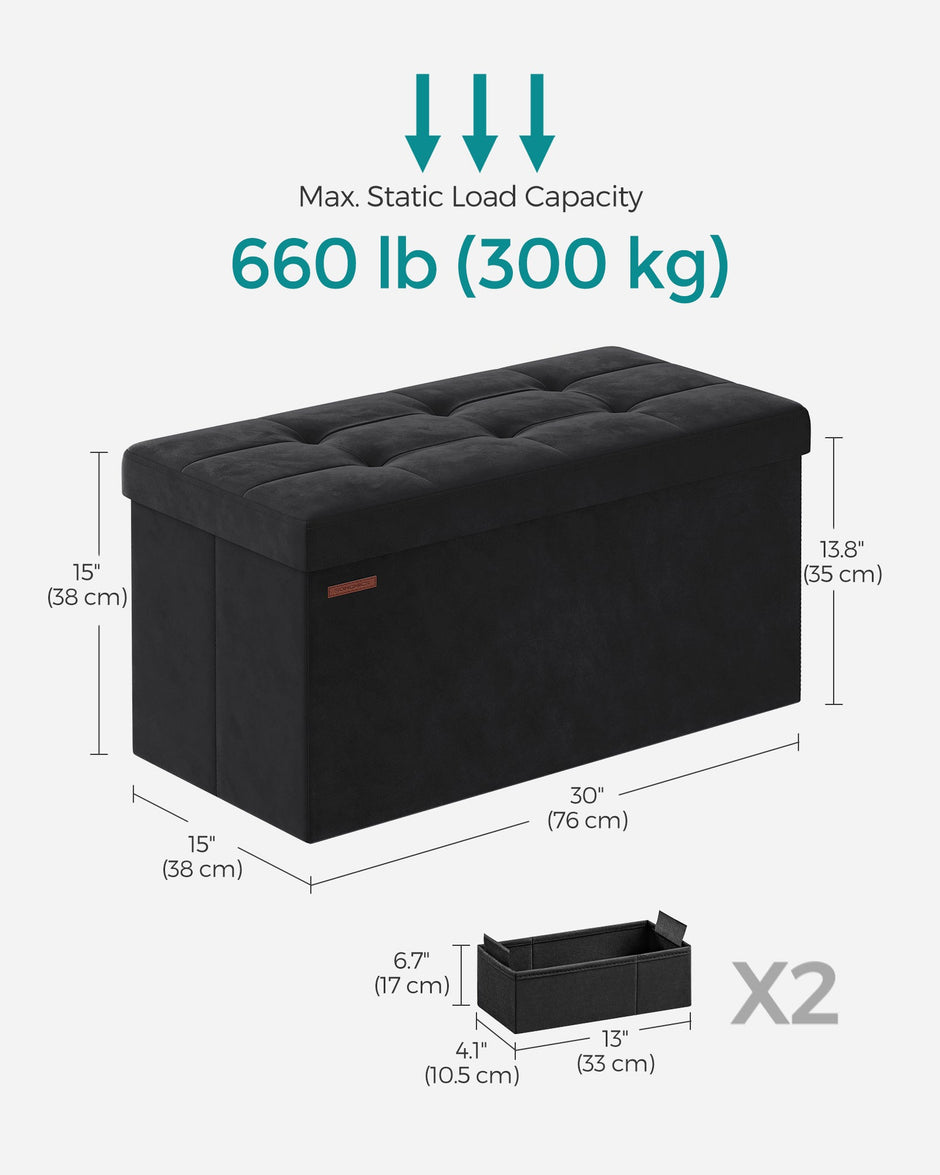 Foldable Velvet Storage Ottoman Bench – Ink Black – Includes 2 Extra Storage Boxes – 300 kg Load Capacity – Ideal for Hallway and Living Room