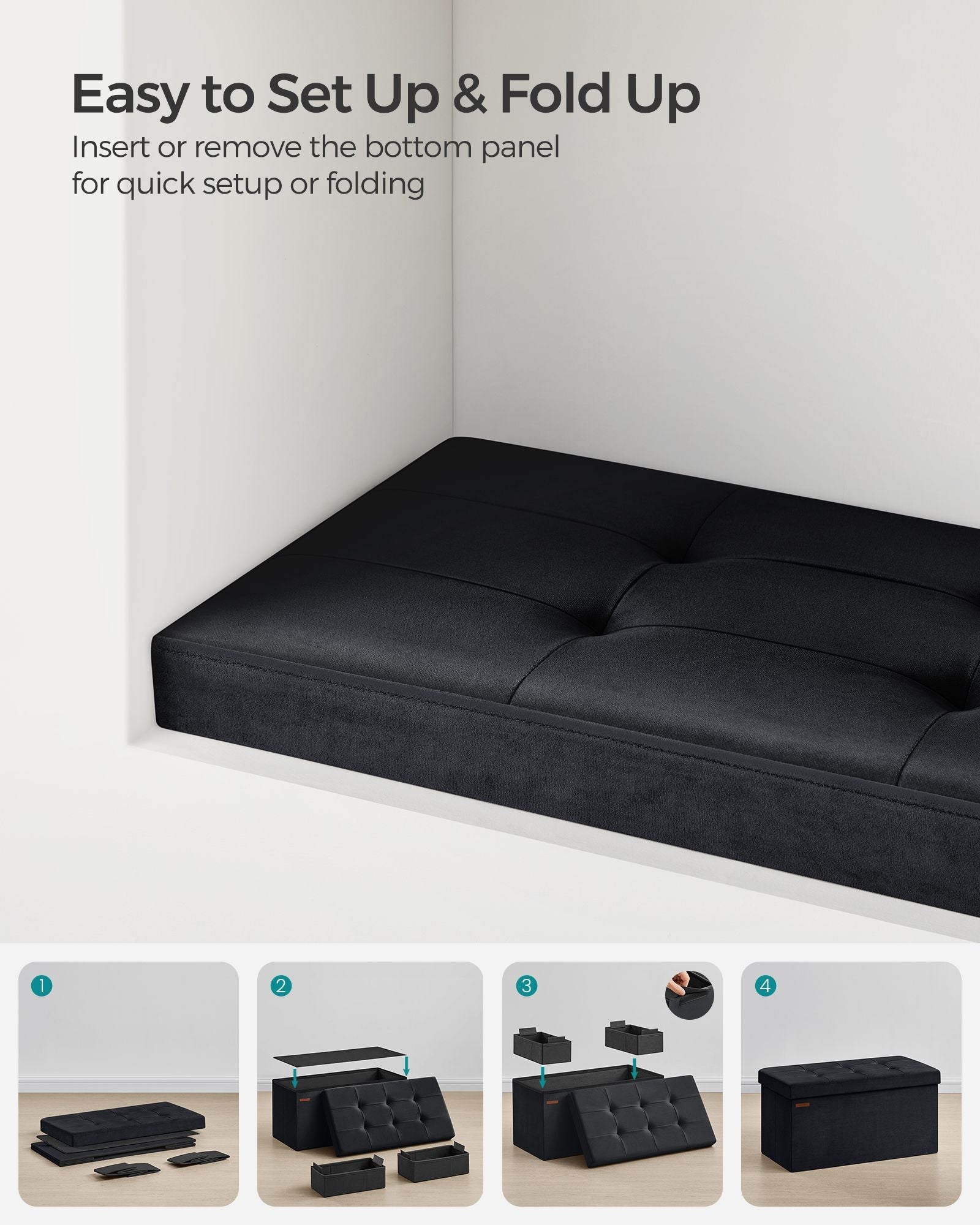Foldable Velvet Storage Ottoman Bench – Ink Black – Includes 2 Extra Storage Boxes – 300 kg Load Capacity – Ideal for Hallway and Living Room