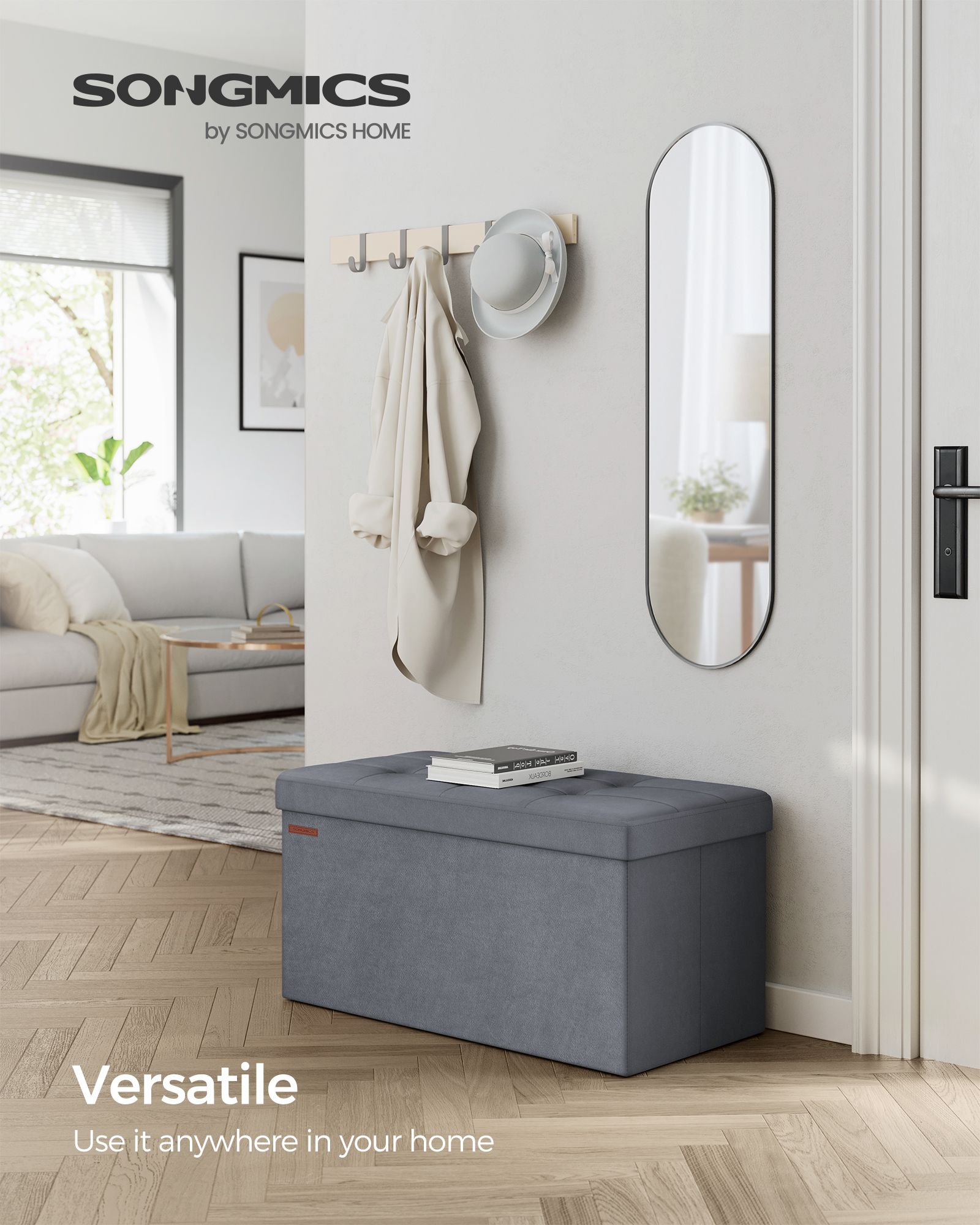 Foldable Storage Ottoman Bench – Velvet – Grey – Includes Extra Storage Boxes