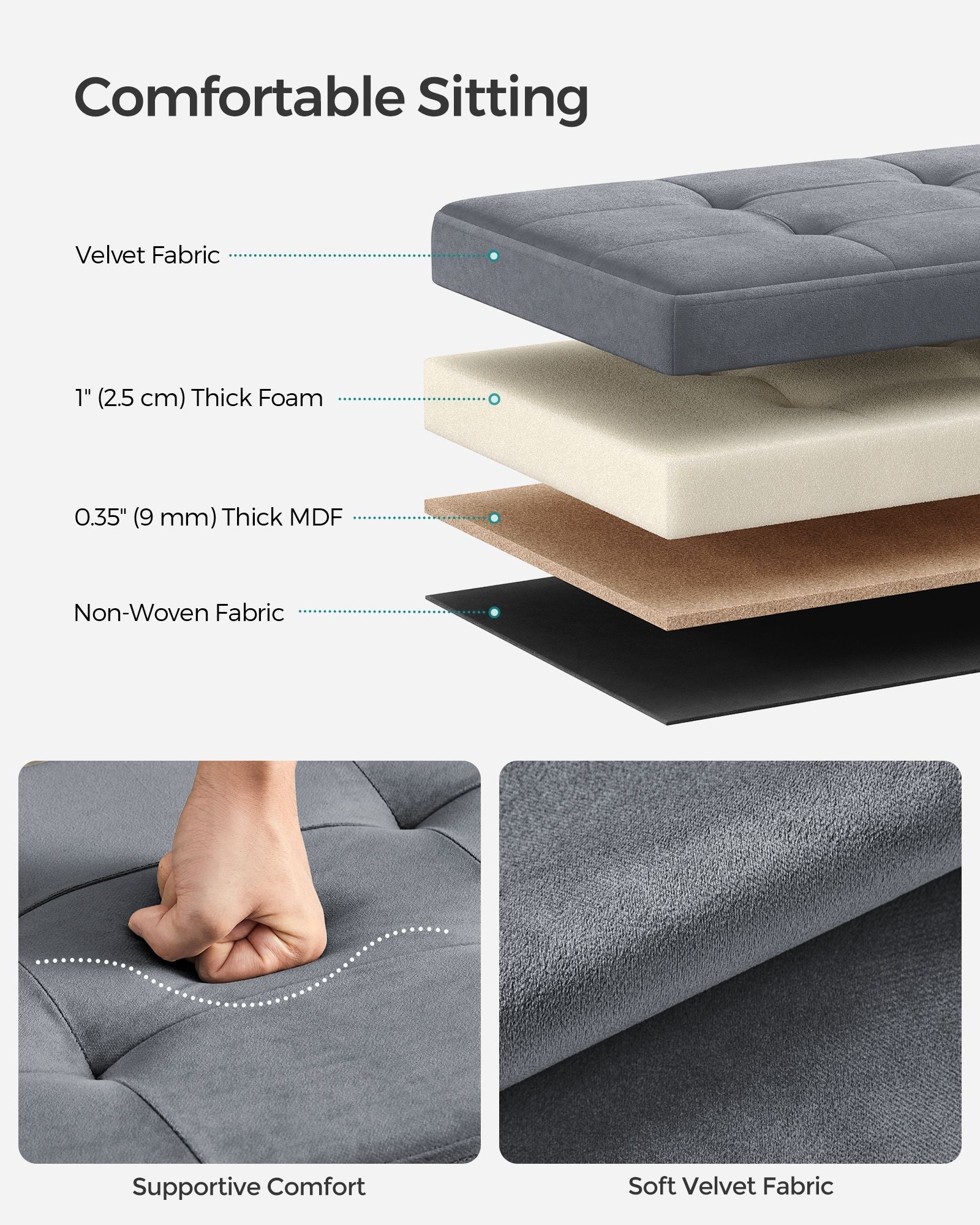 Foldable Storage Ottoman Bench – Velvet – Grey – Includes Extra Storage Boxes
