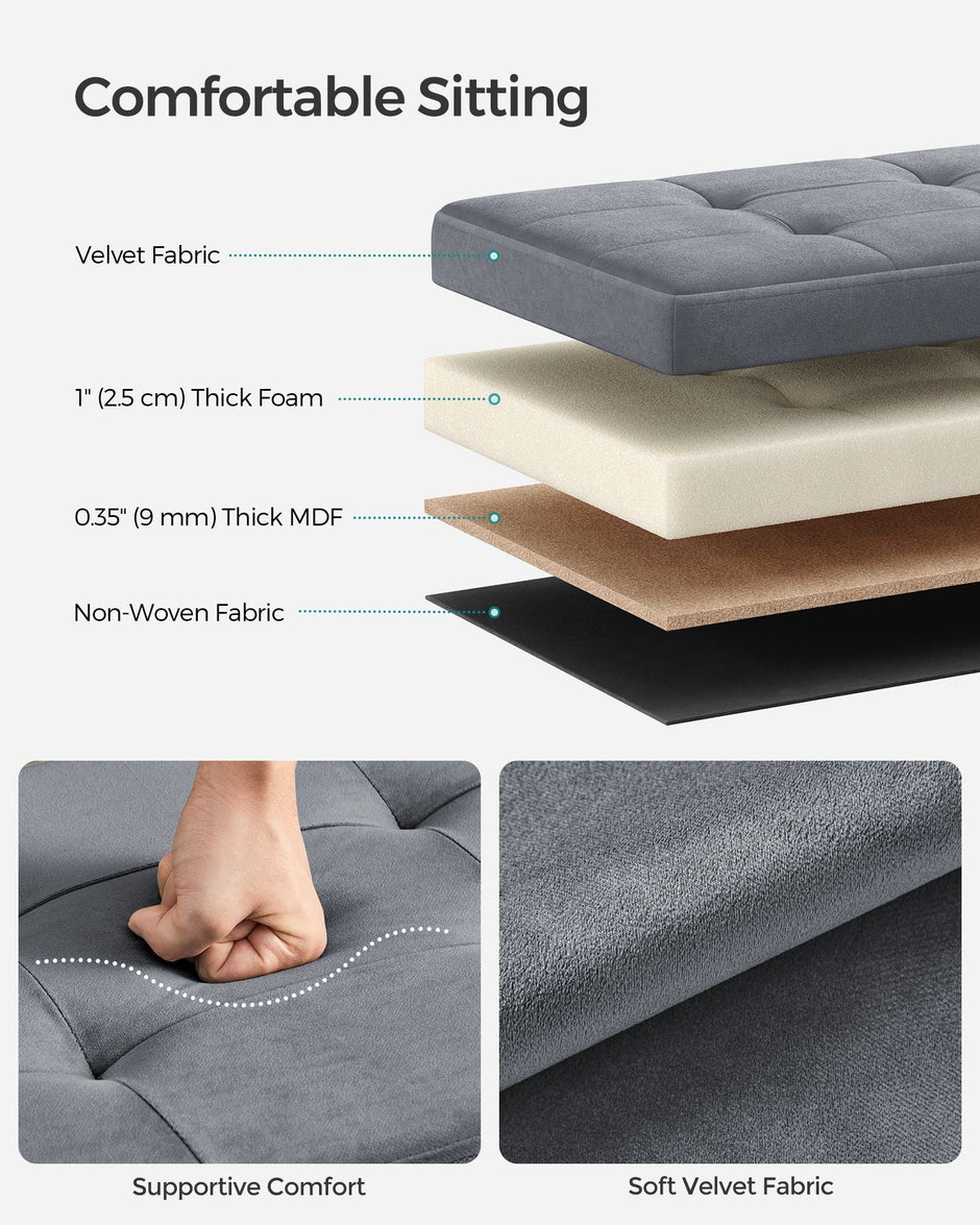 Foldable Storage Ottoman Bench – Velvet – Grey – Includes Extra Storage Boxes