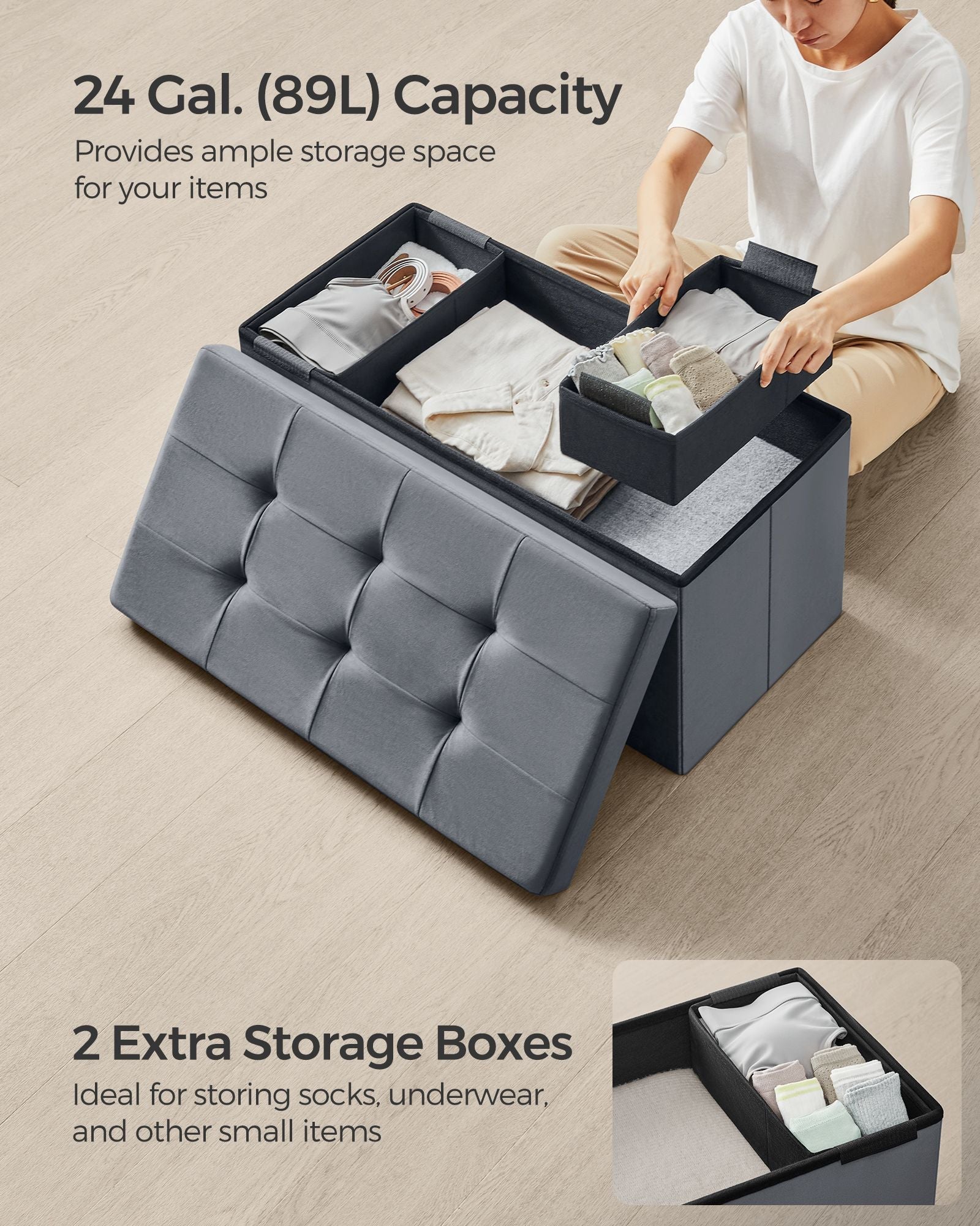 Foldable Storage Ottoman Bench – Velvet – Grey – Includes Extra Storage Boxes