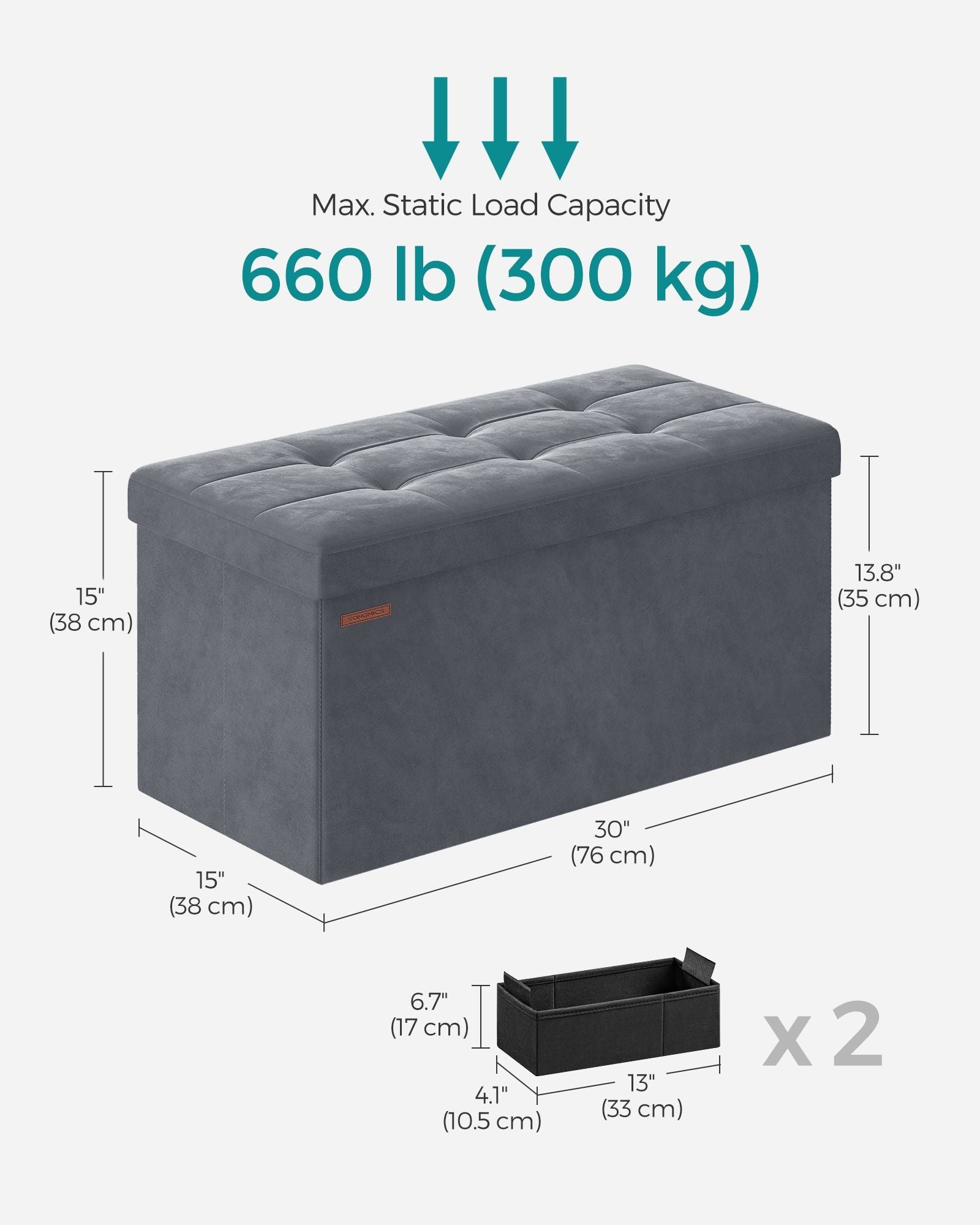 Foldable Storage Ottoman Bench – Velvet – Grey – Includes Extra Storage Boxes